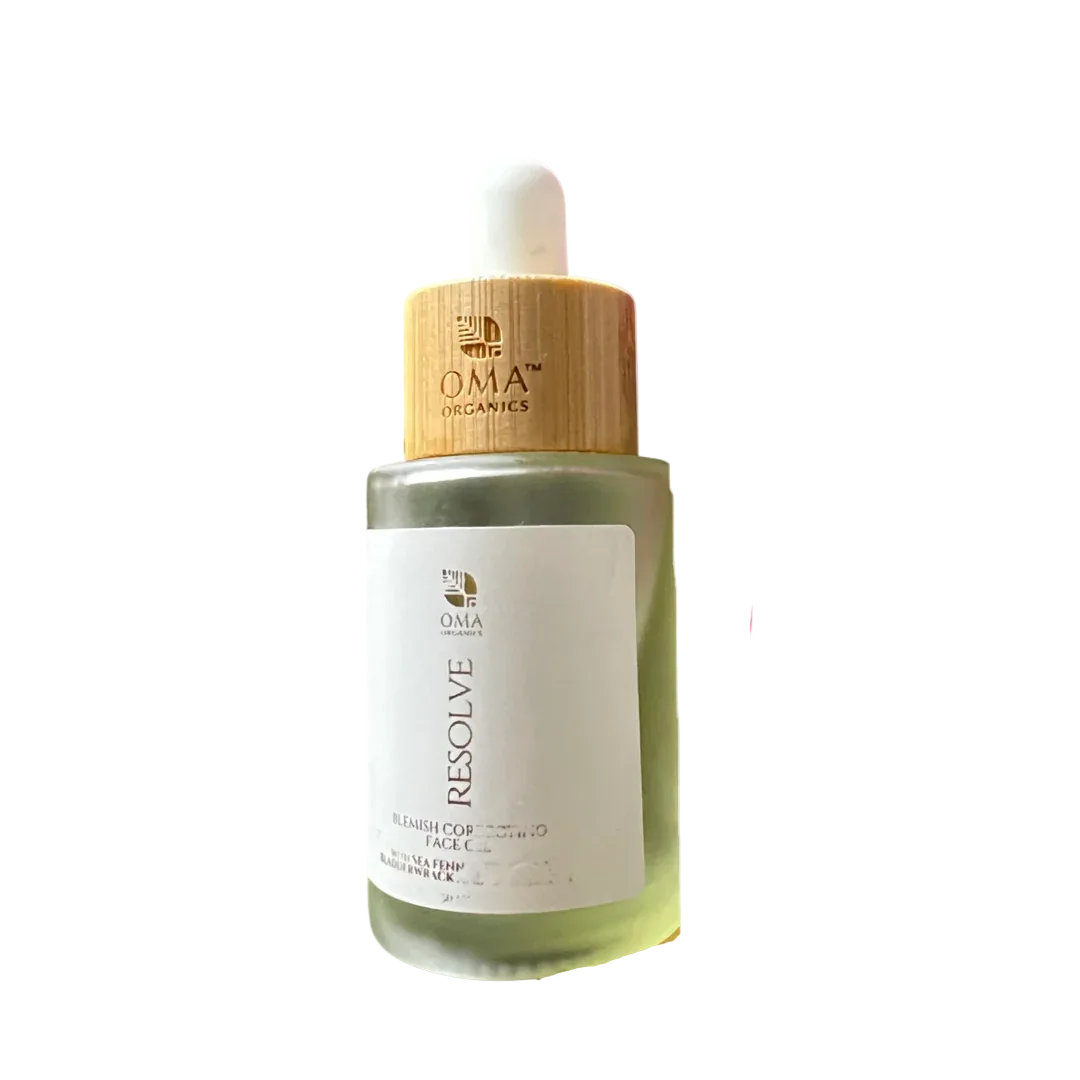 Bottle of OMA Organics Resolve skincare serum with bamboo cap on a white background